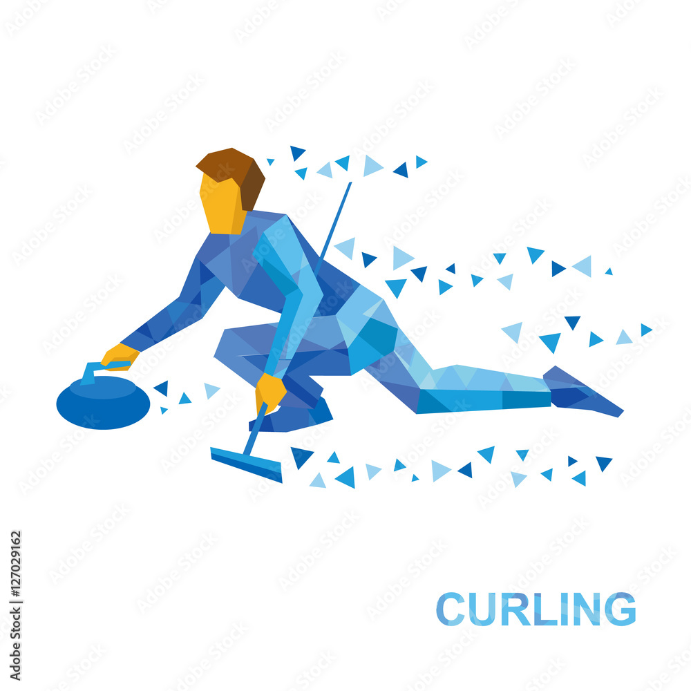 Winter sports - curling. Cartoon player slide stone. Curler with broom in hand sitting on ice. Flat style vector clip art isolated on white background.