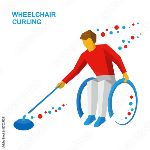 Winter sports - wheelchair curling. Curler with disabilities slide the stone. Physically disabled player with stick in hand on ice. Flat style vector clip art isolated on white background.