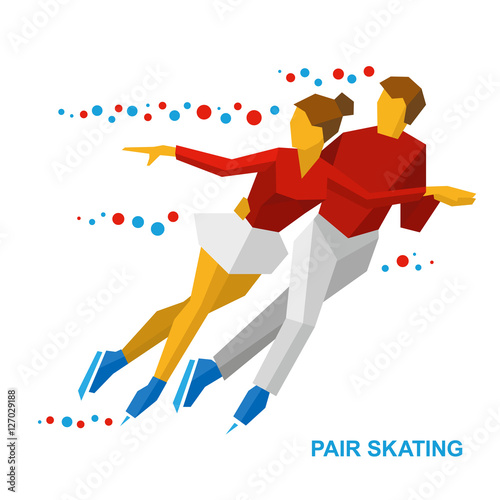 Winter sports - Pair Figure Skating. Cartoon skating man and woman training. Ice show. Flat style vector clip art isolated on white background.