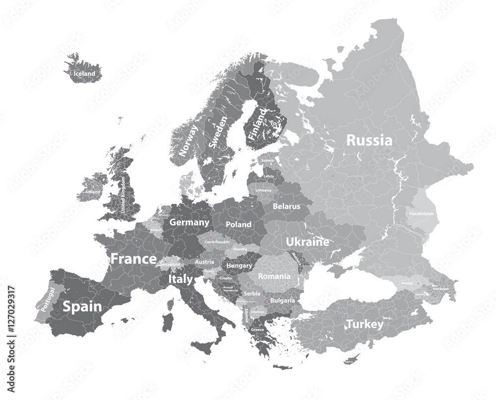 Obraz premium Europe vector high detailed political map in grey scales with regions borders and countries names. All elements separated in detachable layers