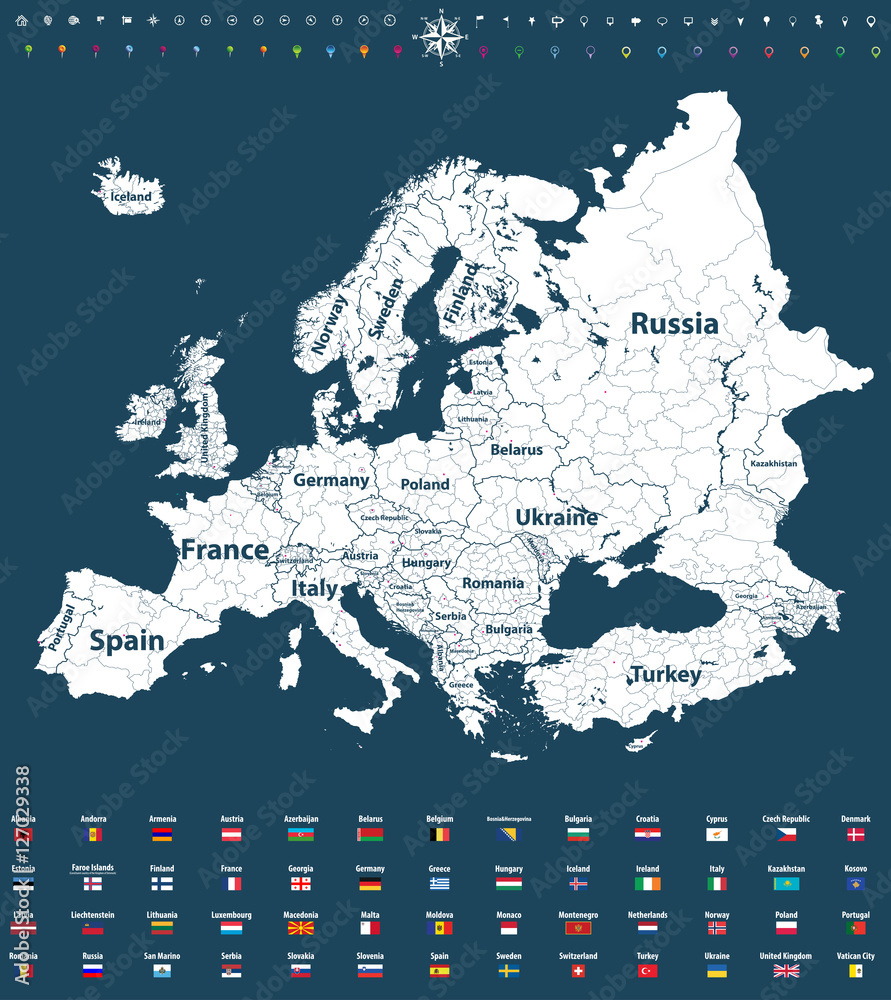 Fototapeta premium Europe vector high detailed political map with regions borders and all european flags