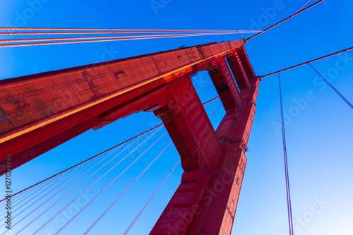 Low Angle Red Golden Gate Bridge Tower Blue Sky