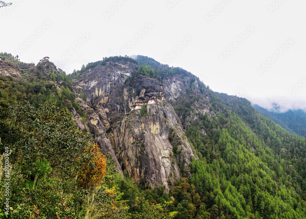 Panorama of Paro valley and Taktsang lakhang aka tigress nest monastery, Bhutan