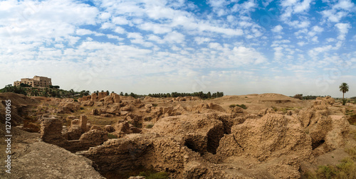 Canvas Print Panorama of partially restored Babylon ruins and Former Saddam Hussein Palace, B