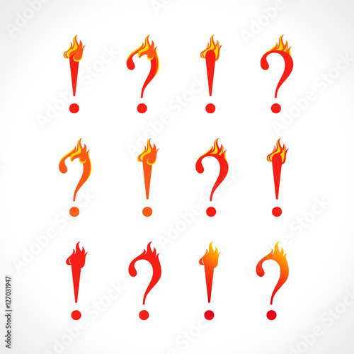 Question mark and eclamation point fire sign. Set of hot asking and answer icons. Help flamy symbol. Vector discussion or support logo concept. Isolated abstract graphic design template.