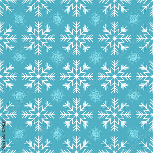 White different snowflakes isolated on blue background. Winter seamless pattern. New Year and Christmas concept. Can be used for banners, posters, greeting cards design. Vector illustration