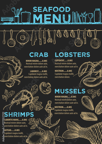 Menu seafood restaurant, food template placemat.