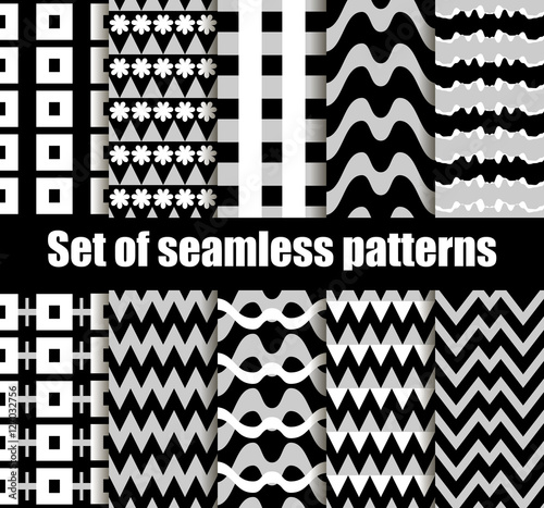 Set seamless pattern with geometric shapes. Black and white geometric shapes in the background. Vector illustration.