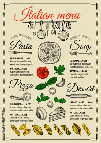 Menu italian restaurant, food template placemat.