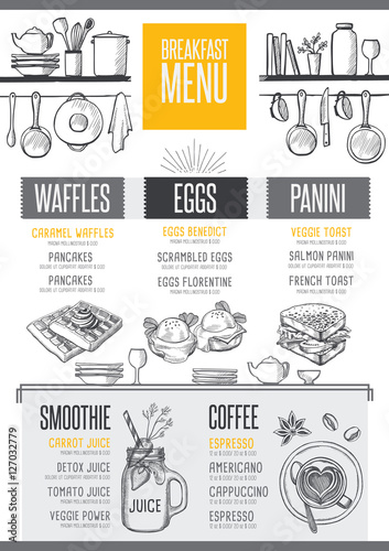 Menu breakfast restaurant, food template placemat.