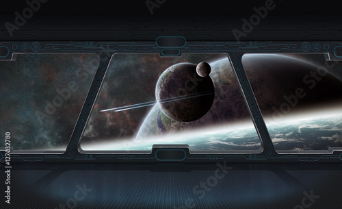 Fototapeta Naklejka Na Ścianę i Meble -  View of outer space from the window of a space station 3D render