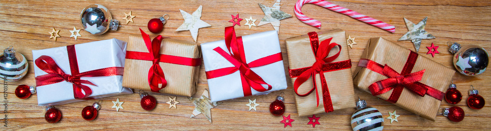 Banner of Christmas wooden background withgift and decoration Banner of Christmas wooden background withgift and decoration