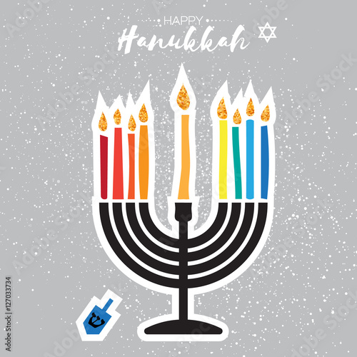 Colorful Happy Hanukkah Greeting card. Jewish holiday with menorah