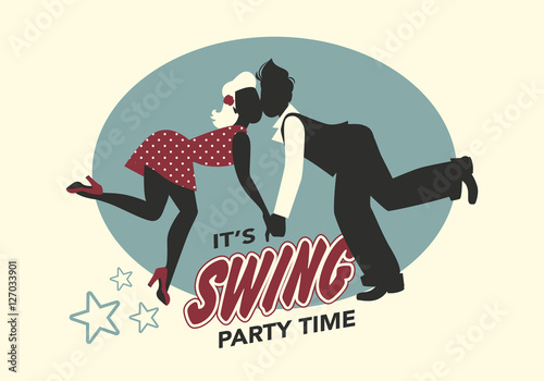 Funny couple dressed in retro style dancing swing or lindy hop. Comic style.