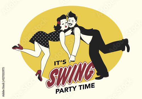 Funny couple dressed in retro style dancing swing or lindy hop. Comic style.