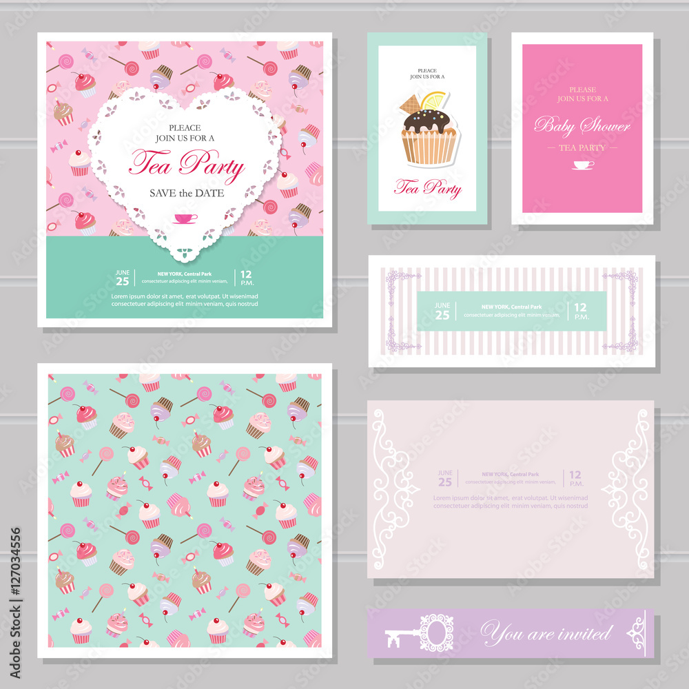 Cute card templates set in pastel colors. For save the date, baby shower, birthday, Valentine's, bakery.