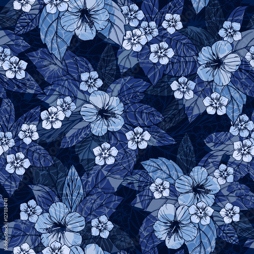 Indigo floral seamless pattern with hibiscus flowers.
