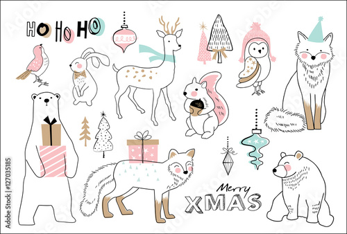 Fototapeta Naklejka Na Ścianę i Meble -  Christmas hand drawn doodle cartoon set