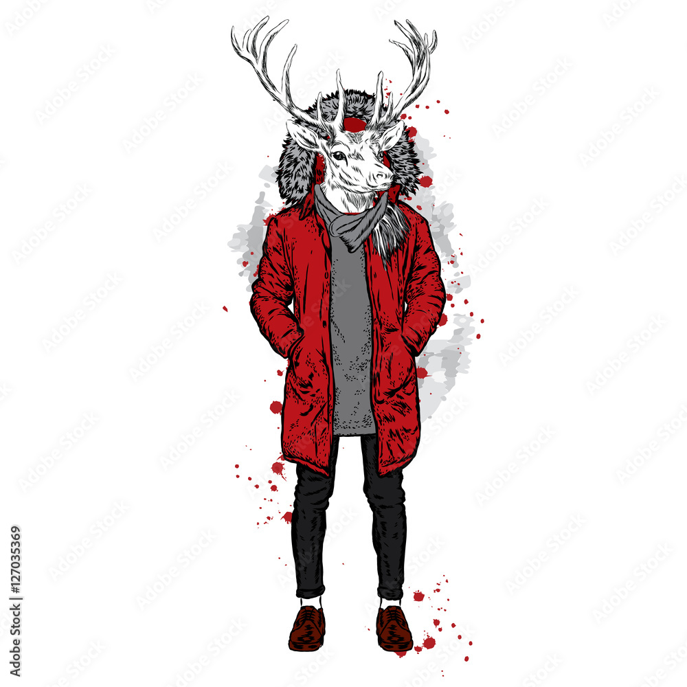Deer with the human body in a warm jacket. Vector illustration for greeting card, poster, or print on clothes. Fashion & Style. Hipster.