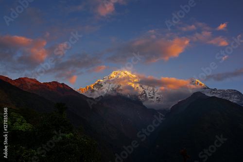 View of Mt. Annapurna III at Sunrise from Chomrong, Nepal.