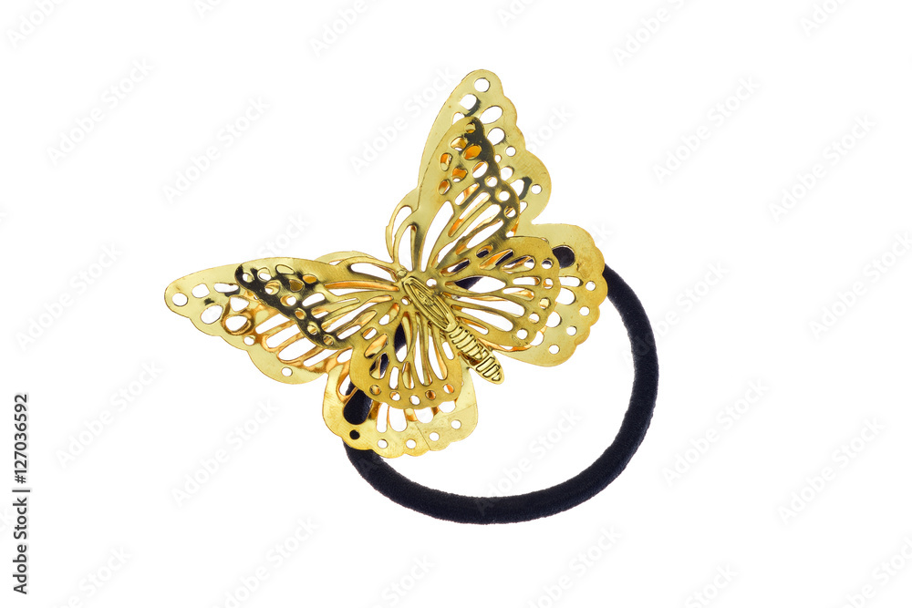 Black hair rubber scrunchy with big golden butterfly bow Black hair rubber scrunchy with big golden butterfly bow