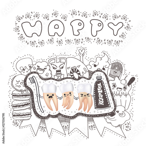 team of strong teeth with cute hand drawn vector illustration, doodle style