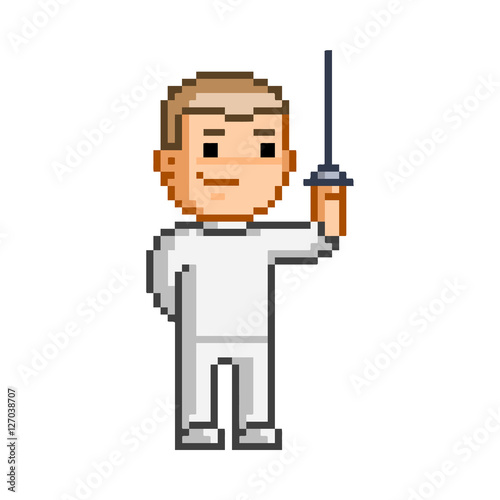 Vector 8-bit pixel art fencing.