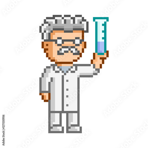 Vector 8-bit pixel art scientist