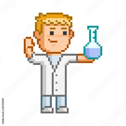 Vector 8-bit pixel art scientist