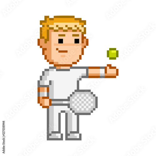 Vector 8-bit pixel art tennis player
