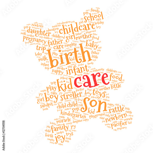 Care. Word cloud teddy bear, white background. Family concept.