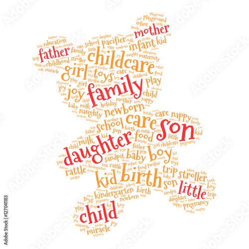 Family. Word cloud teddy bear, white background. Family concept.