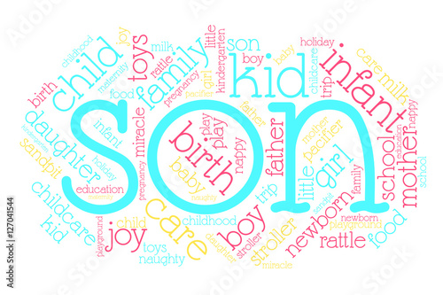 Son. Word cloud, italic font, white background. Family concept.