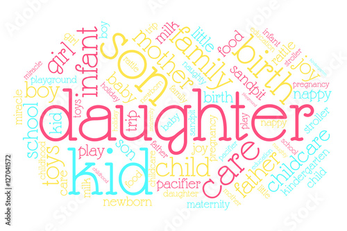 Daughter. Word cloud, italic font, white background. Family concept.