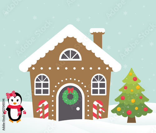 christmas house with winter penguin and christmas fir tree