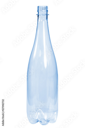 New, clean, empty plastic bottle blue color on white background