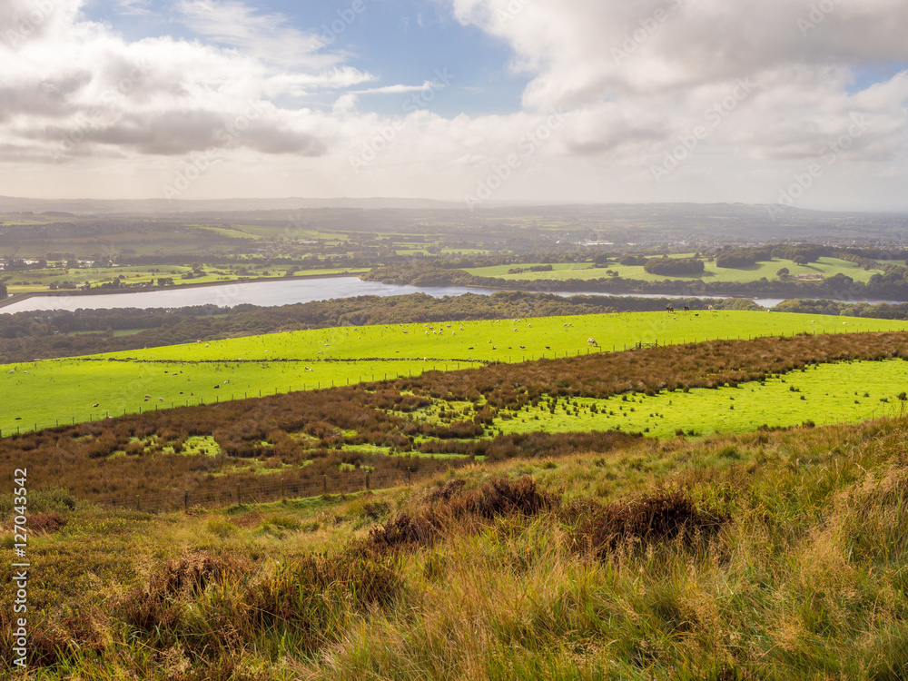 View over the lancashire countryside from the top of Rivington Pike, Chorley, Lancashire, UK