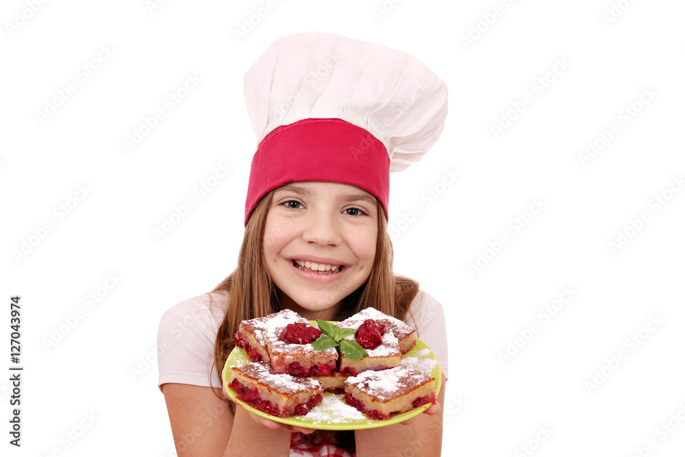 happy little girl cook with homemade cake happy little girl cook with homemade cake