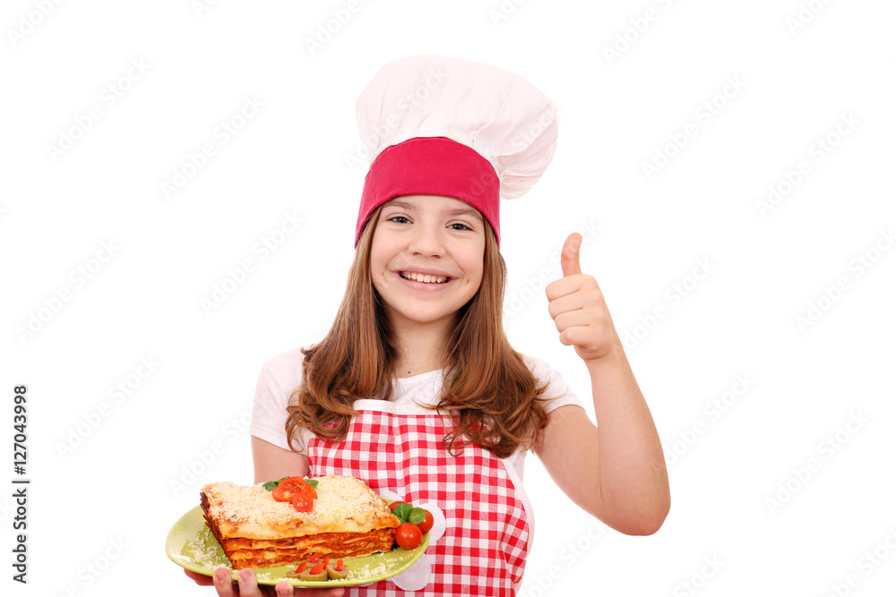 happy little girl cook with tasty Italian lazagne and thumb up happy little girl cook with tasty Italian lazagne and thumb up