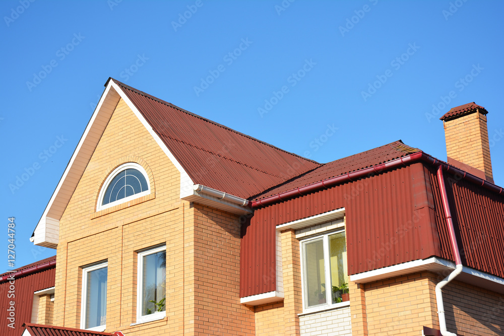  Attic construction outdoor. Attic roof exterior with asphalt shingles. Roofing Construction.