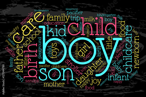 Boy. Word cloud, grunge background. Family concept.