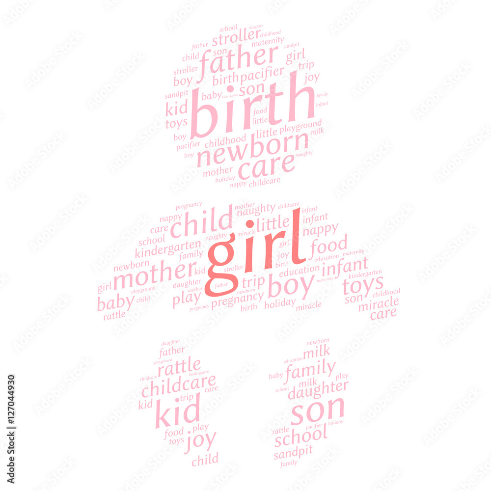 Fototapeta premium Girl. Word cloud, baby silhouette, white background. Family concept.