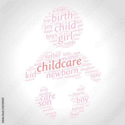 Childcare. Word cloud, baby silhouette, gradient grey background. Family concept.