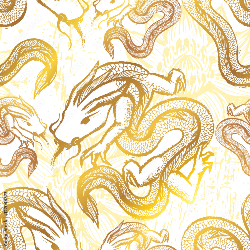Obraz premium Ink hand drawn stylized chinese dragons seamless pattern