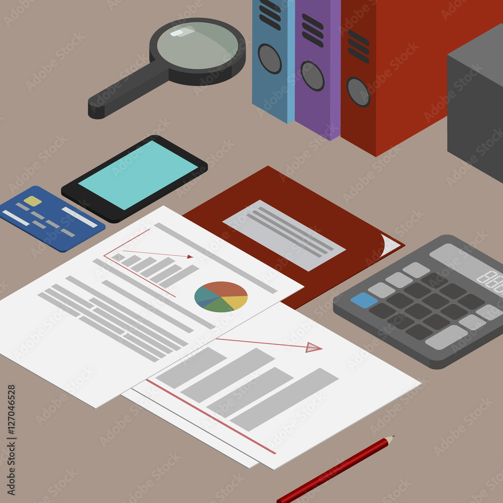 Auditor workplace, accounting documents, the analysis of these reports, the analyst. Desktop isometrics Auditor workplace, accounting documents, the analysis of these reports, the analyst. Desktop isometrics