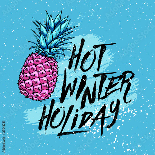 illustration hot winter holiday with pineapple on a blue background. Design elements.
