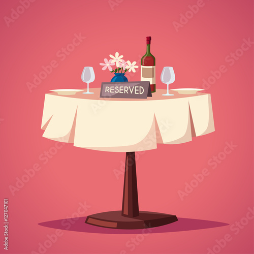 Reserved sign on the table in restaurant. Cartoon vector illustration