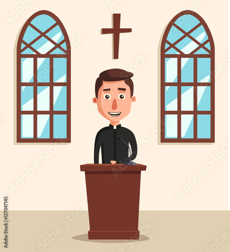 Young catholic priest. Cartoon vector illustration.