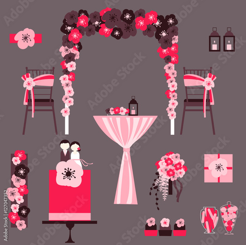 Vector set of decorative wedding elements. Chairs, arch, cake, lanterns, table, flowers. Vector illustration © rraya