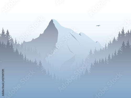 Vector mountain landscape illustration with high mountains peak in morning haze, fog, mist. Forest valley foreground.
